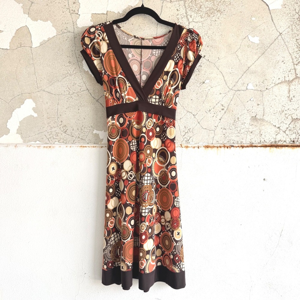 Geometric Circle Print Empire Dress Rust Brown Y2K Indie Puff Sleeve Tie Back S